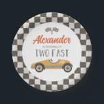 Two Fast Race Car Birthday Paper Plates<br><div class="desc">Growing up Two Fast Race Car 2nd Birthday plate with yellow retro race car.</div>