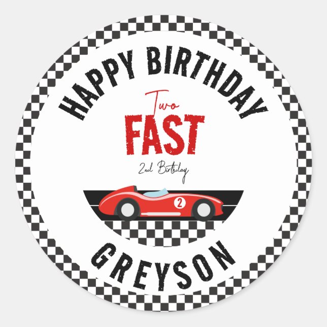 Two Fast Race Car Boy 2nd Birthday Party Classic Round Sticker (Front)
