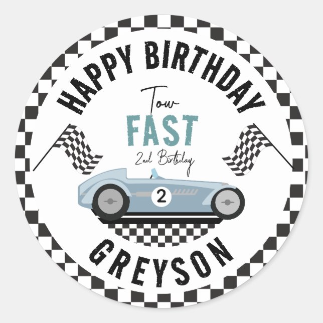 Two Fast Race Car Boy 2nd Birthday Party Classic Round Sticker (Front)
