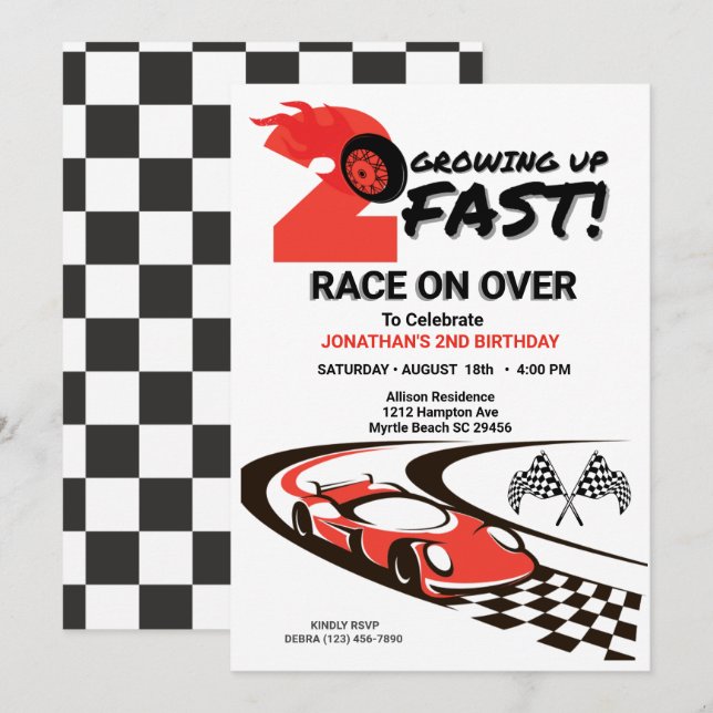 Two Fast Race Car Boy 2nd Birthday Party Invitation (Front/Back)