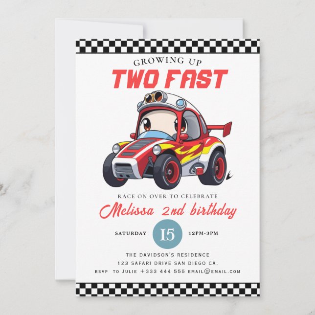 Two Fast Race Car Boy 2nd Birthday Party Invitation (Front)