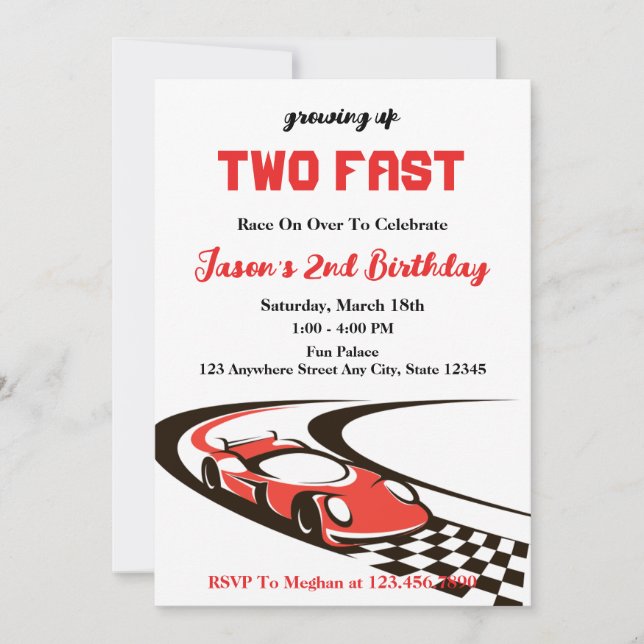 Two Fast Race Car Boy 2nd Birthday Party Invitation (Front)