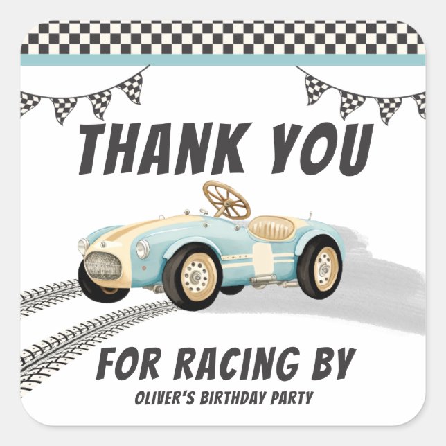 Two Fast Race Car Boy 2nd Birthday Party Thank You Square Sticker (Front)