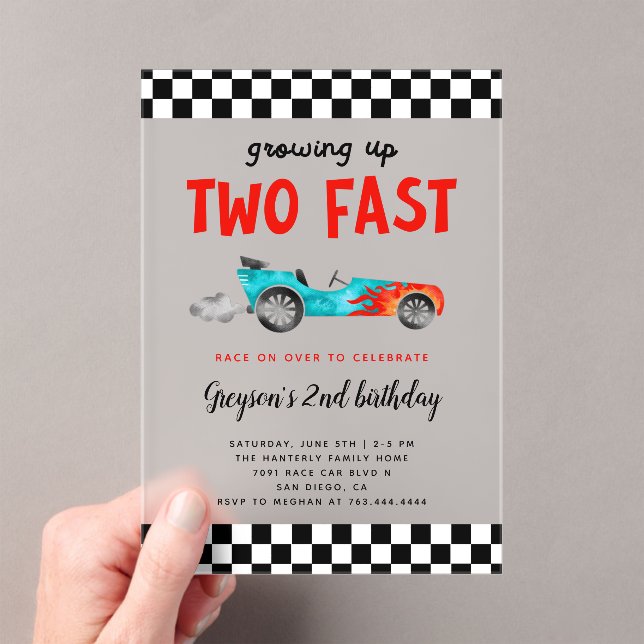 Two Fast Race Car Boy Birthday Party Acrylic Invitations (Insitu (Handheld))