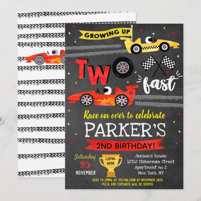 Two Fast  Race Car Racing 2nd Birthday Invitations (Front/Back)