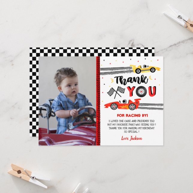 Two Fast Race Car Racing Birthday Thank You cards (Front/Back In Situ)