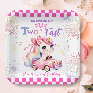 Two Fast Race Pink Car Girl 2nd Birthday Party Paper Plate