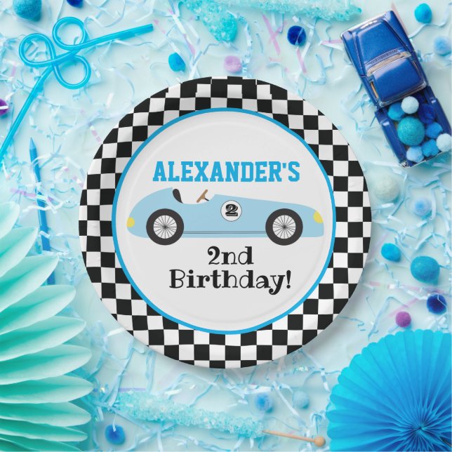 Two Fast Racecar Blue Racing Boy Birthday Paper Plate (Party)