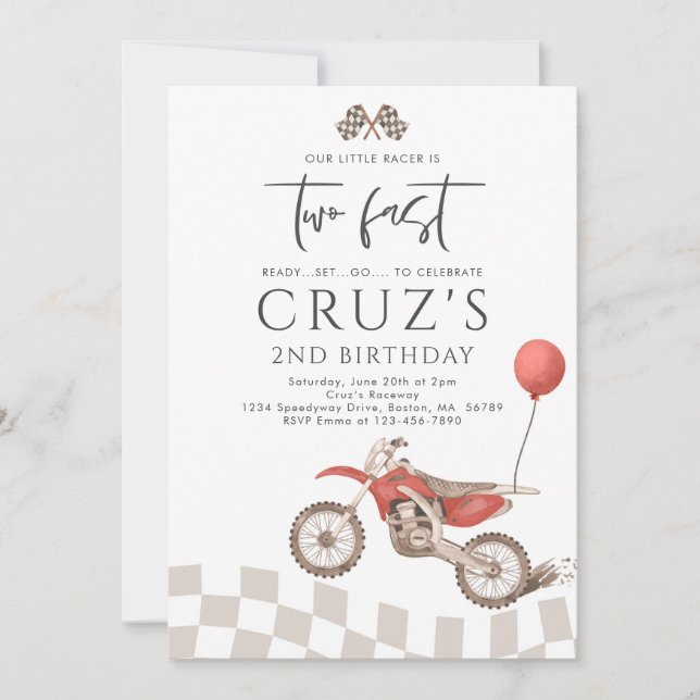 Two Fast Red Dirt Bike Boy 2nd Birthday Party  Invitation (Front)