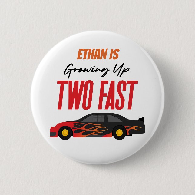 Two Fast Red Flame Race Car 2nd Birthday Party 2 Inch Round Button (Front)
