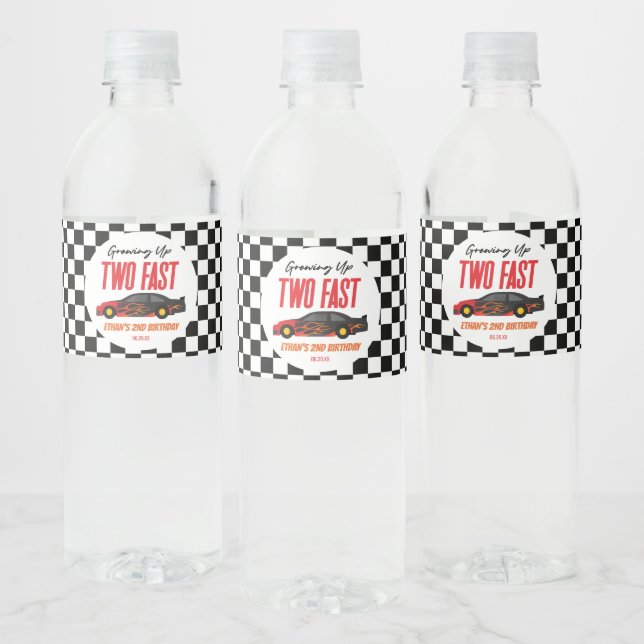 Two Fast Red Flame Race Car 2nd Birthday Party Water Bottle Label (Bottles)