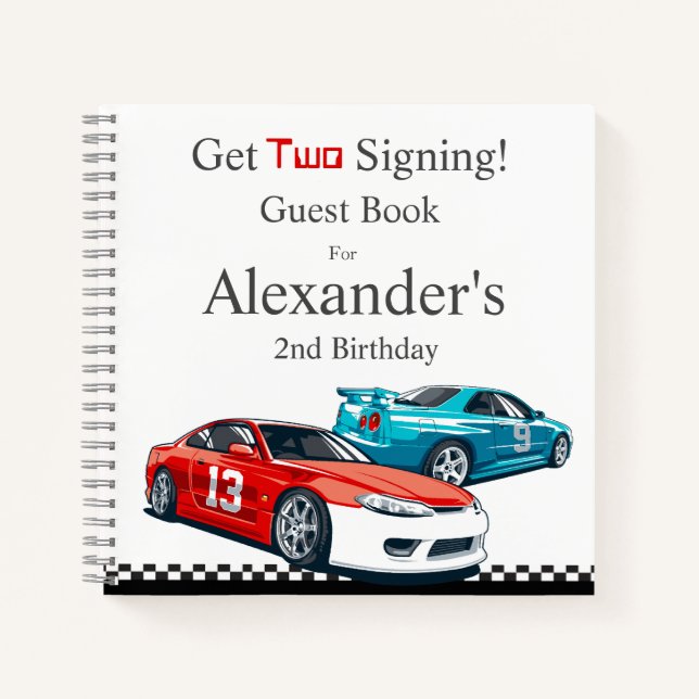 Two Fast Red Race Car Birthday Guest Book (Front)