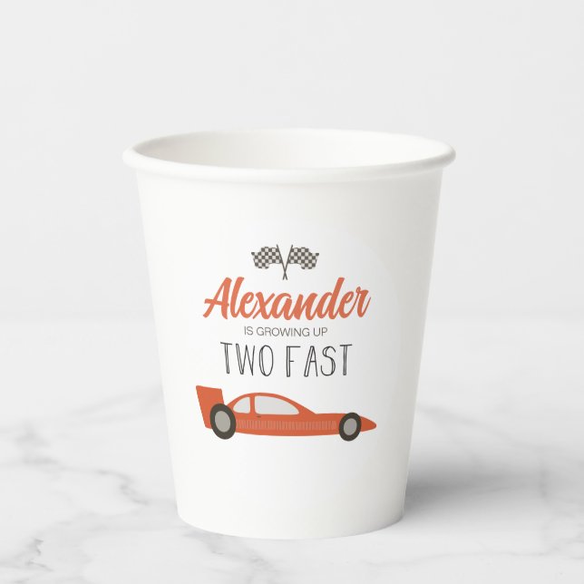 Two Fast Red Race Car Birthday Paper Cups (Front)