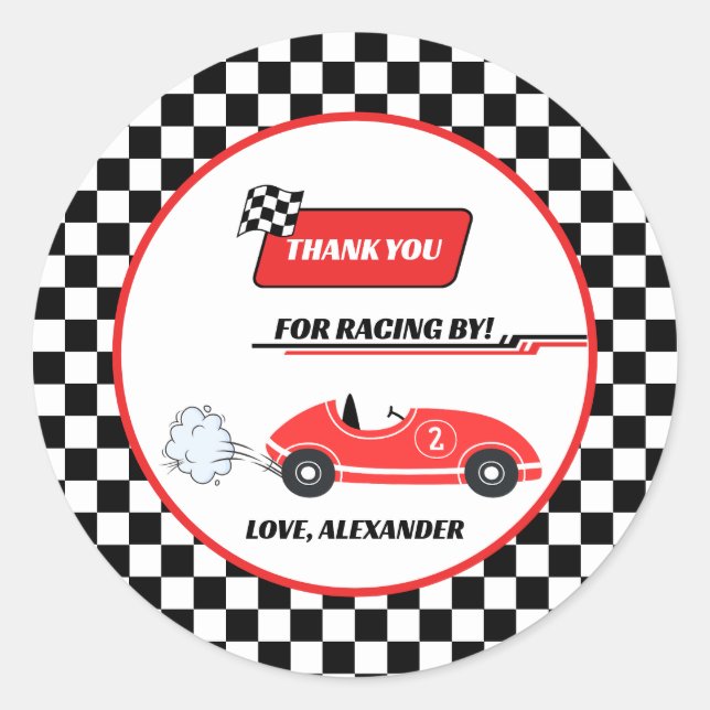 Two fast red retro race car theme boy's birthday  classic round sticker (Front)