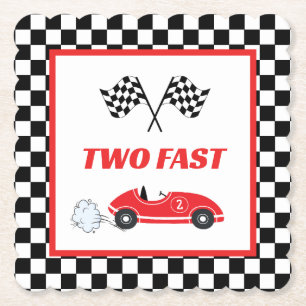 Two fast red retro race car theme boy's birthday  paper coaster
