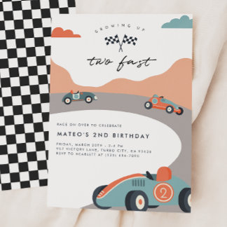 Two Fast Retro Vintage Race Car 2nd Birthday Invitation