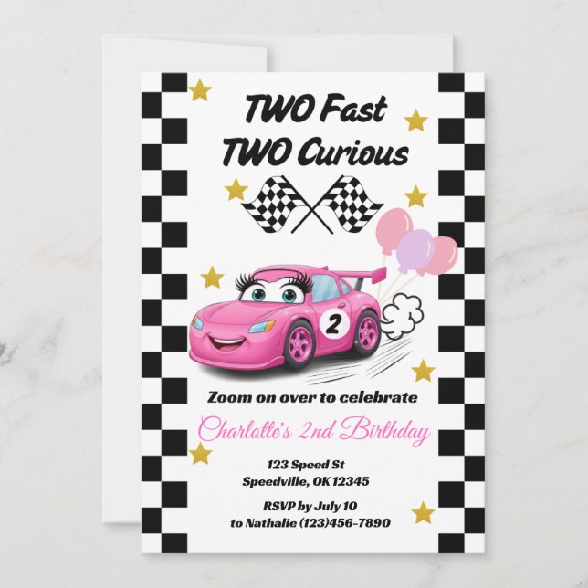 Two Fast Two Curious Pink Race Car 2nd Birthday Invitation (Front)