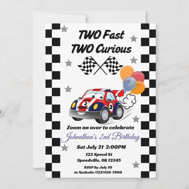Two Fast Two Curious Red Race Car 2nd Birthday Invitation (Front)