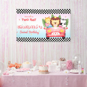 Two Fast wild animal jungle Race Car 2nd HBD Party Banner