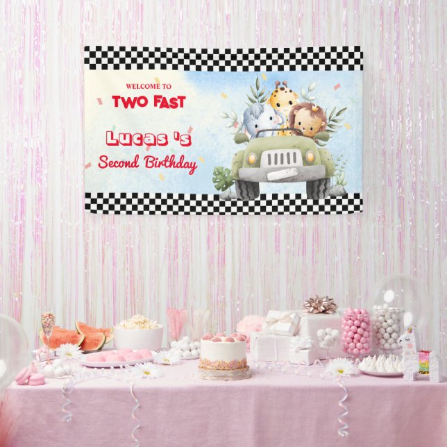 Two Fast wild cub jungle Race Car 2nd HBD Party Banner (Party)