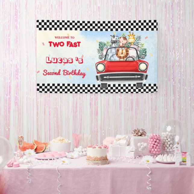 Two Fast wild cub jungle Race Car 2nd HBD Party Banner (Party)