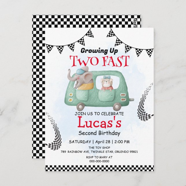 Two Fast wild Elephant race car 2nd Birthday Party Postcard (Front/Back)