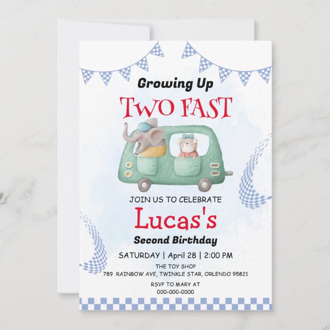 Two Fast wild jungle Race Car 2nd Birthday Party  Invitation (Front)