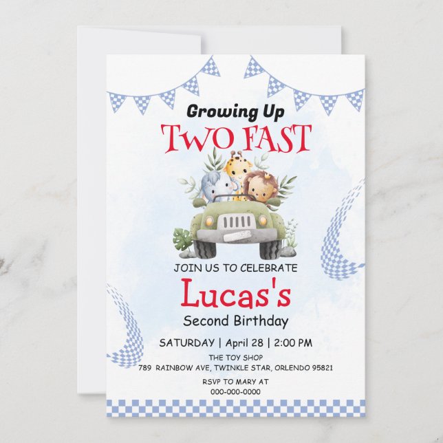 Two Fast wild jungle Race Car 2nd Birthday Party  Invitation (Front)