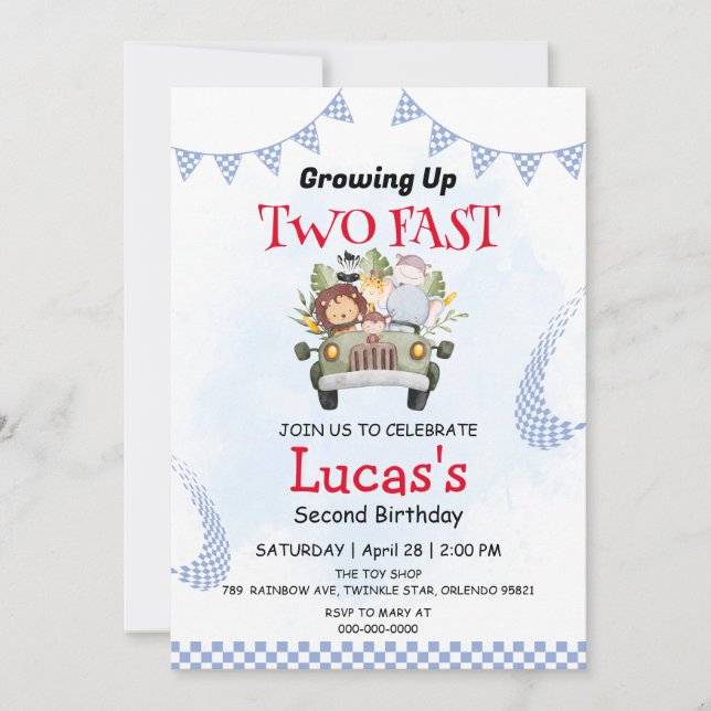 Two Fast wild jungle Race Car 2nd Birthday Party  Invitation (Front)