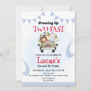 Two Fast wild jungle Race Car 2nd Birthday Party Invitation