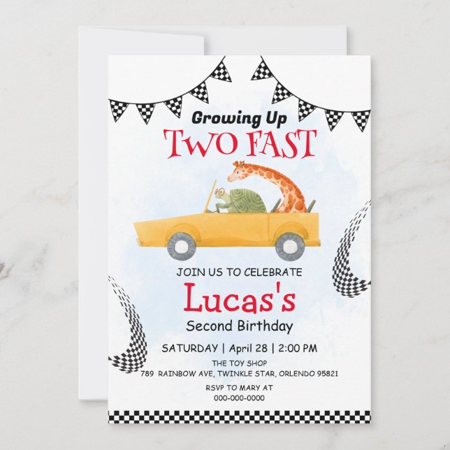 Two Fast wild Safari Race Car 2nd Birthday Party  Invitation (Front)