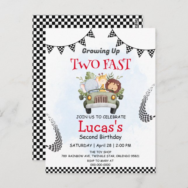 Two Fast wild safari race car 2nd Birthday Party Postcard (Front/Back)
