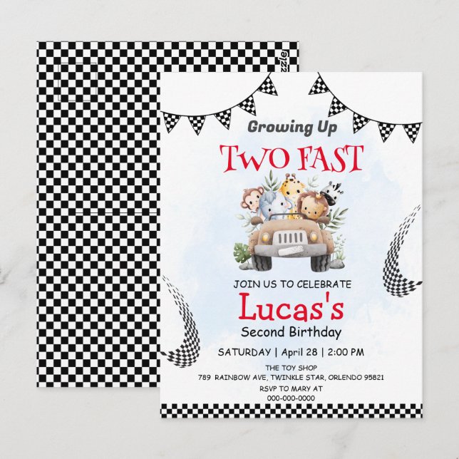 Two Fast wild Safari race car 2nd Birthday Party Postcard (Front/Back)