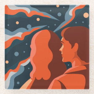 Two Figures Contemplating an Abstract Cosmic Scene Glass Coaster