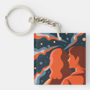 Two Figures Contemplating an Abstract Cosmic Scene Keychain