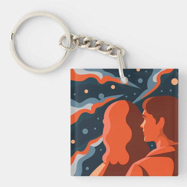 Two Figures Contemplating an Abstract Cosmic Scene Keychain (Front)
