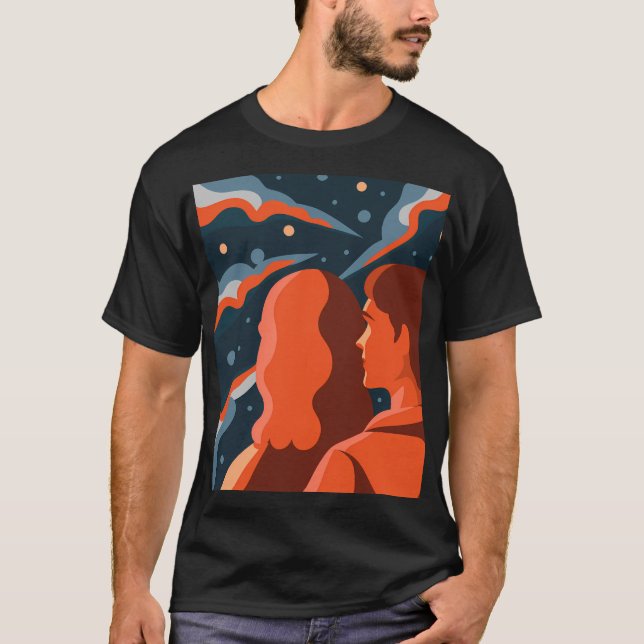 Two Figures Contemplating an Abstract Cosmic Scene T-Shirt (Front)