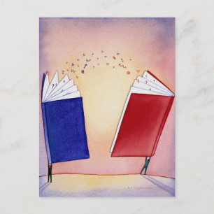 Two figures holding books above heads; symbols postcard