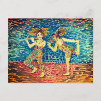 Two figures in colourful harlequin-patterned attir holiday postcard