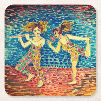 Two figures in colourful harlequin-patterned attir square paper coaster