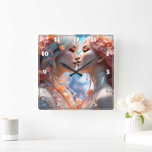 Two Figures Kissing Surrounded by Blossoms Square Wall Clock (Home)