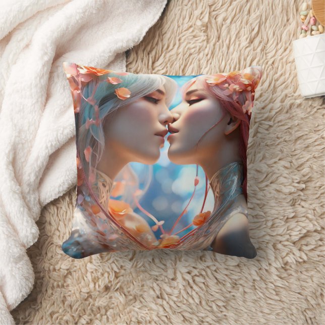 Two Figures Kissing Surrounded by Blossoms Throw Pillow (Blanket)