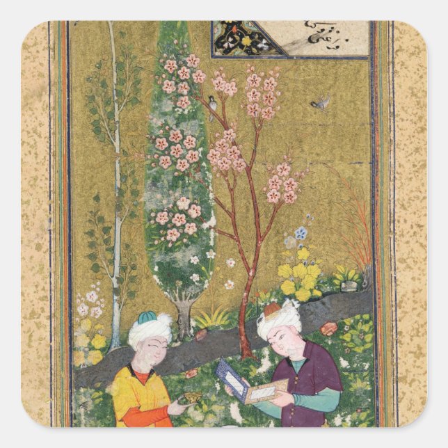 Two Figures Reading and Relaxing in an Orchard Square Sticker (Front)