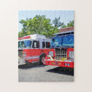 Two Fire Engines in Front of Firehouse Jigsaw Puzzle