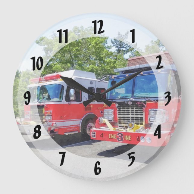 Two Fire Engines in Front of Firehouse Large Clock (Front)
