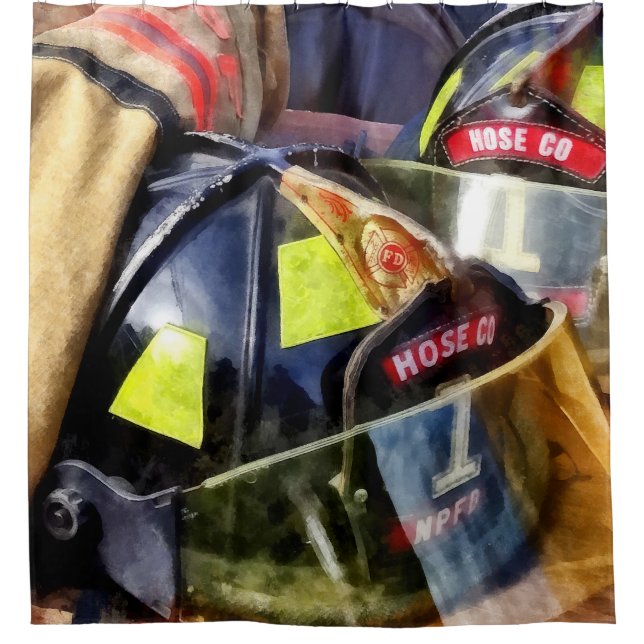 Two Fire Helmets And Fireman's Jacket (Front)