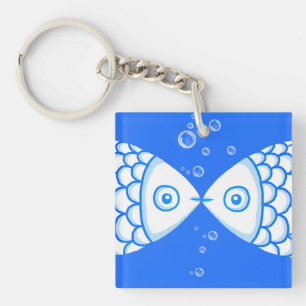 Two Fish Pisces Blue White Abstract Pattern Keychain