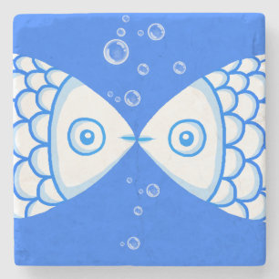 Two Fish Pisces Blue White Abstract Pattern Stone Coaster