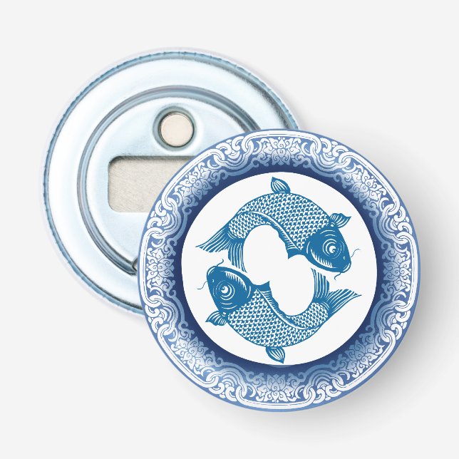 Two Fish Pisces Koi Carp Chinoiserie Blue Pattern Bottle Opener (Front)