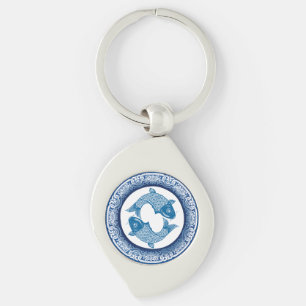 Two Fish Pisces Koi Carp Chinoiserie Blue Pattern Keychain
